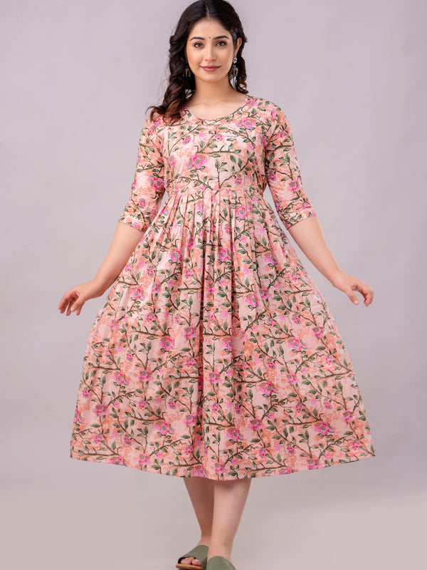Women's Cotton Peach Floral Maternity Feeding Dress with Zipper