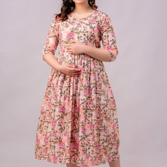 Women's Cotton Peach Floral Maternity Feeding Dress with Zipper