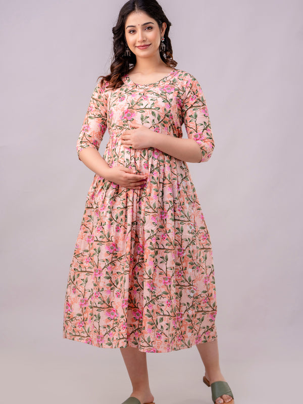 Women's Cotton Peach Floral Maternity Feeding Dress with Zipper