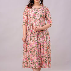 Women's Cotton Peach Floral Maternity Feeding Dress with Zipper