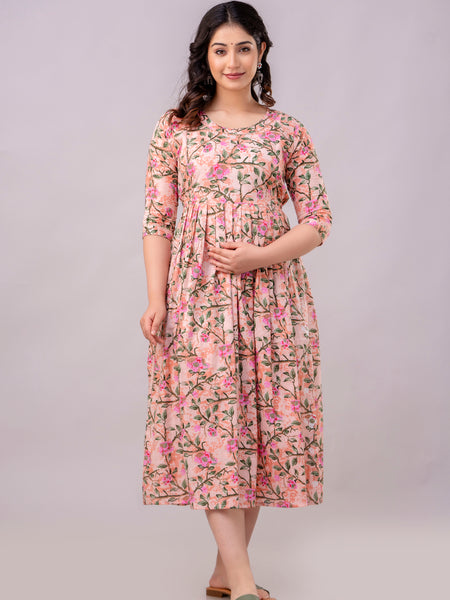 Women's Cotton Peach Floral Maternity Feeding Dress with Zipper