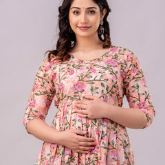 Women's Cotton Peach Floral Maternity Feeding Dress with Zipper
