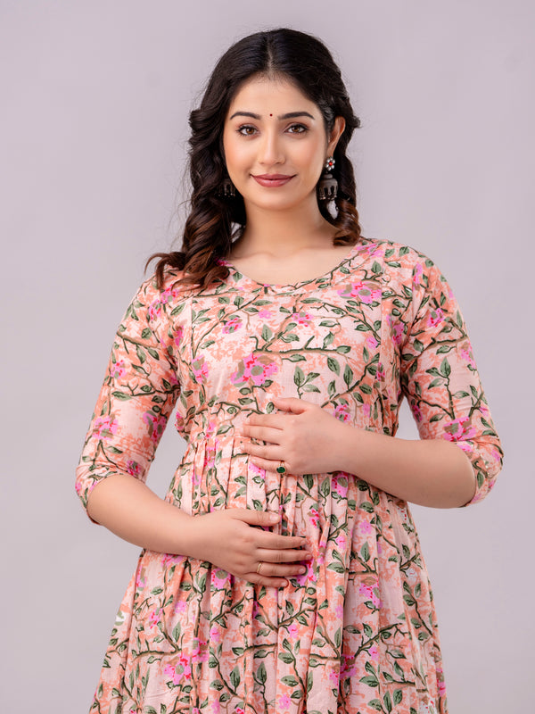 Women's Cotton Peach Floral Maternity Feeding Dress with Zipper