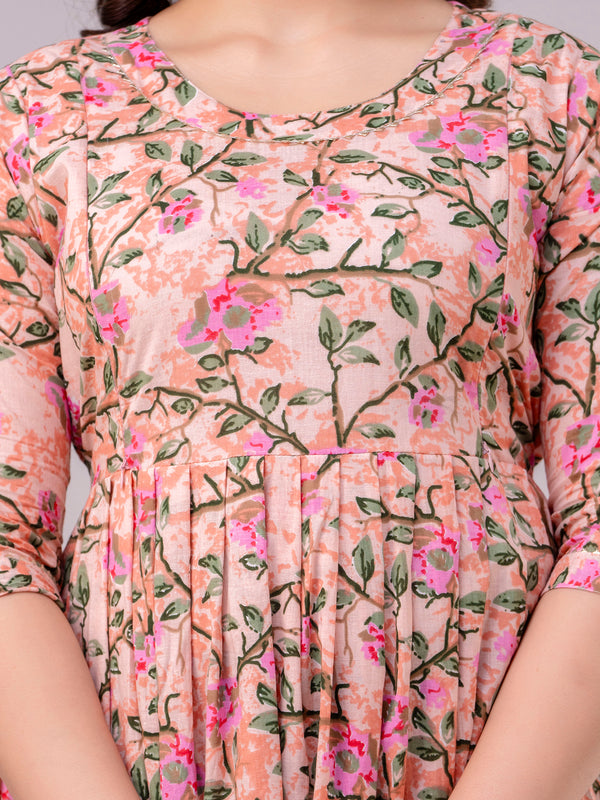 Women's Cotton Peach Floral Maternity Feeding Dress with Zipper