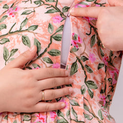 Women's Cotton Peach Floral Maternity Feeding Dress with Zipper