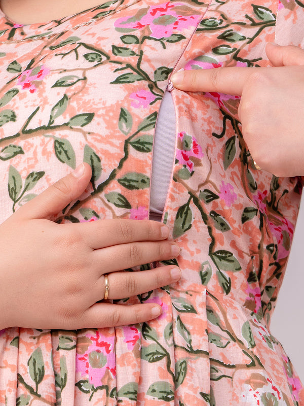 Women's Cotton Peach Floral Maternity Feeding Dress with Zipper