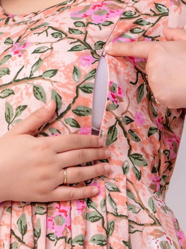 Women's Cotton Peach Floral Maternity Feeding Dress with Zipper