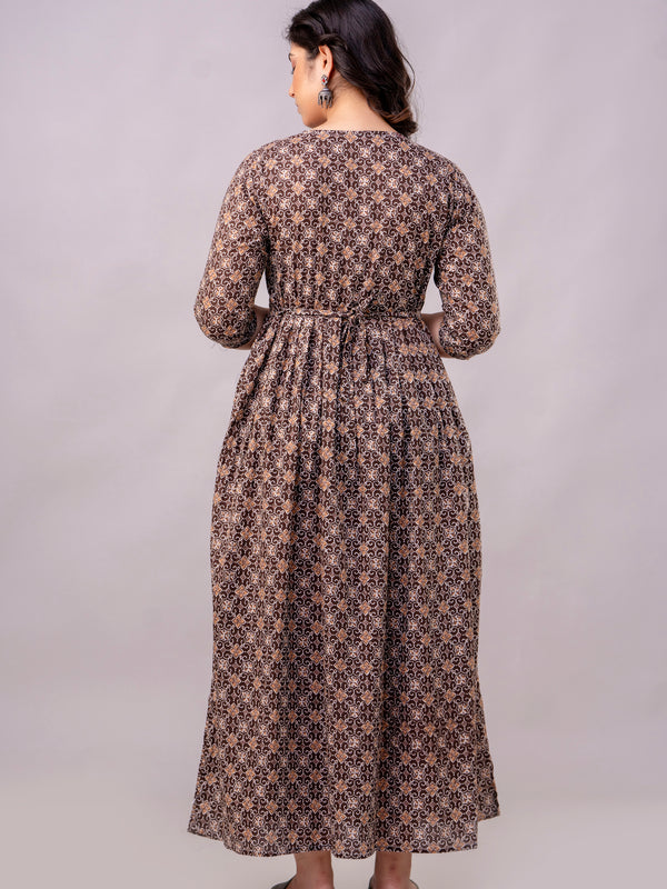 Women's Coffee Cotton Floral Maternity Feeding Dress with Zipper