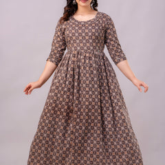 Women's Coffee Cotton Floral Maternity Feeding Dress with Zipper
