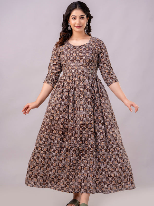 Women's Coffee Cotton Floral Maternity Feeding Dress with Zipper