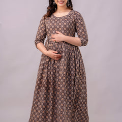 Women's Coffee Cotton Floral Maternity Feeding Dress with Zipper