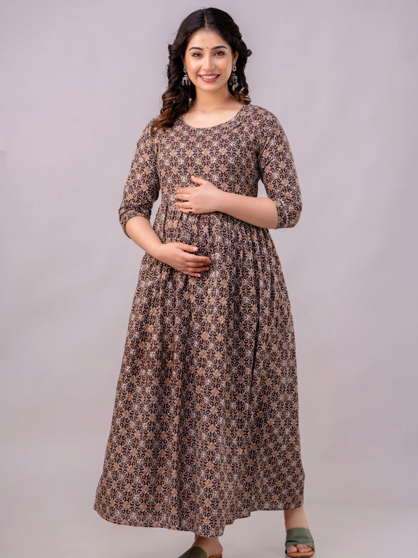 Women's Coffee Cotton Floral Maternity Feeding Dress with Zipper