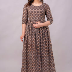 Women's Coffee Cotton Floral Maternity Feeding Dress with Zipper