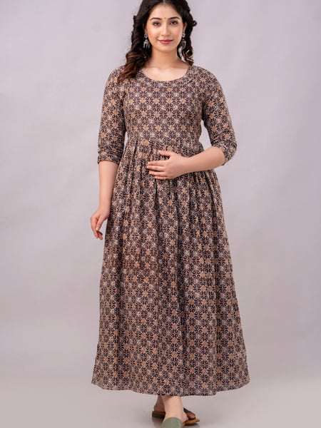Women's Coffee Cotton Floral Maternity Feeding Dress with Zipper