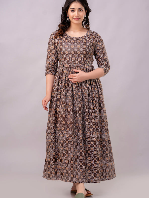 Women's Coffee Cotton Floral Maternity Feeding Dress with Zipper