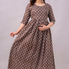 Women's Coffee Cotton Floral Maternity Feeding Dress with Zipper