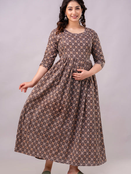 Women's Coffee Cotton Floral Maternity Feeding Dress with Zipper