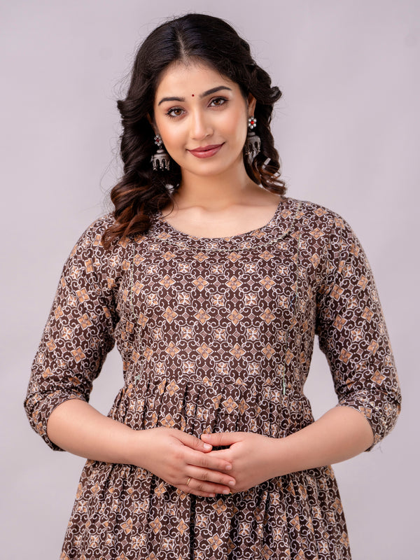 Women's Coffee Cotton Floral Maternity Feeding Dress with Zipper