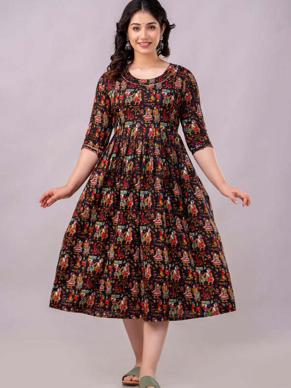 Women's Cotton Rajarani Floral Maternity Feeding Dress with Zipper