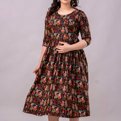 Women's Cotton Rajarani Floral Maternity Feeding Dress with Zipper