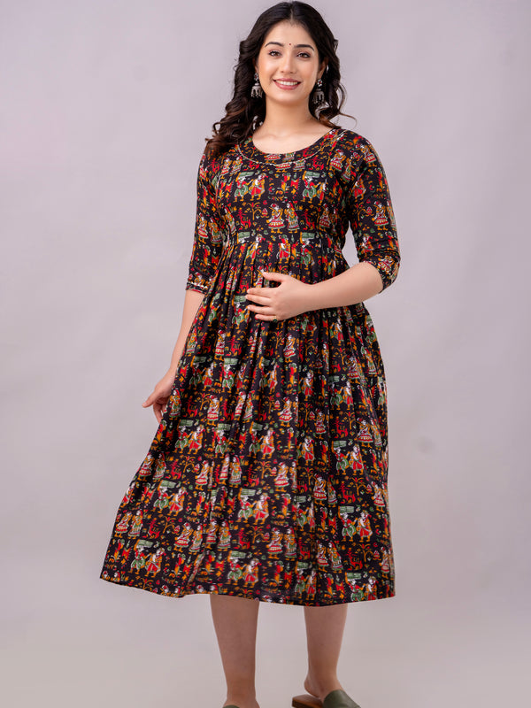 Women's Cotton Rajarani Floral Maternity Feeding Dress with Zipper