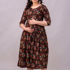 Women's Cotton Rajarani Floral Maternity Feeding Dress with Zipper