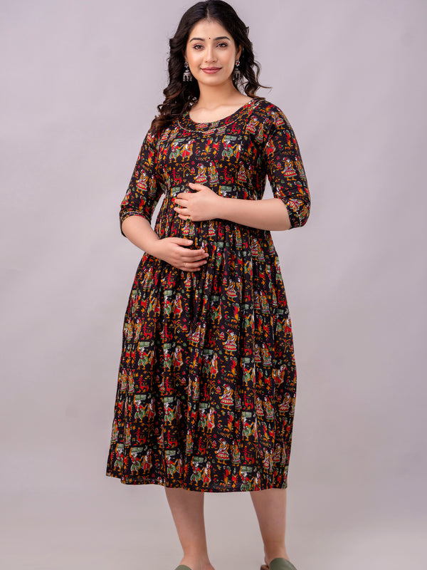 Women's Cotton Rajarani Floral Maternity Feeding Dress with Zipper