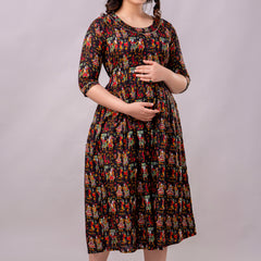 Women's Cotton Rajarani Floral Maternity Feeding Dress with Zipper