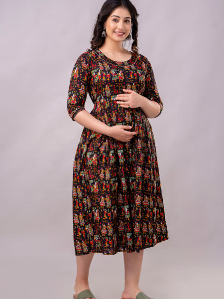 Women's Cotton Rajarani Floral Maternity Feeding Dress with Zipper