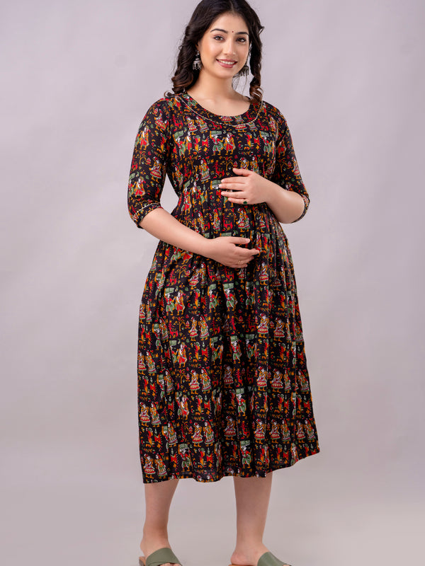 Women's Cotton Rajarani Floral Maternity Feeding Dress with Zipper