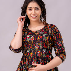 Women's Cotton Rajarani Floral Maternity Feeding Dress with Zipper