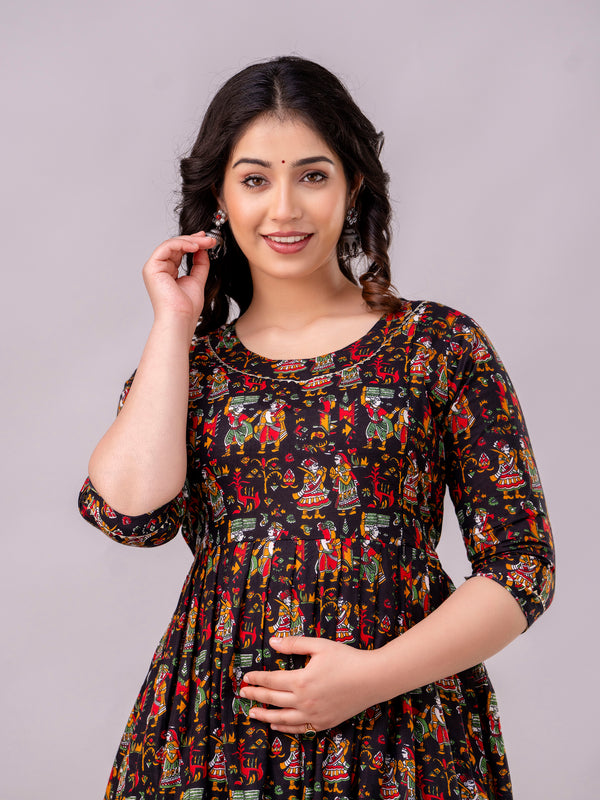 Women's Cotton Rajarani Floral Maternity Feeding Dress with Zipper