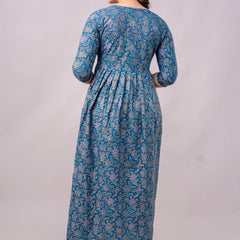 Women's Cotton Sodalite Blue Floral Maternity Feeding Dress with Zipper