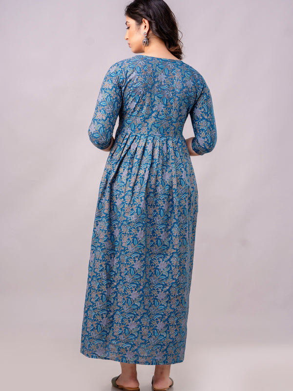 Women's Cotton Sodalite Blue Floral Maternity Feeding Dress with Zipper