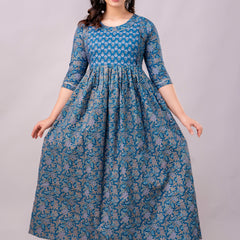 Women's Cotton Sodalite Blue Floral Maternity Feeding Dress with Zipper