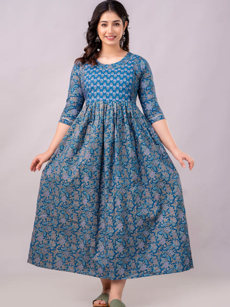 Women's Cotton Sodalite Blue Floral Maternity Feeding Dress with Zipper