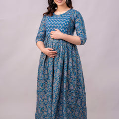 Women's Cotton Sodalite Blue Floral Maternity Feeding Dress with Zipper
