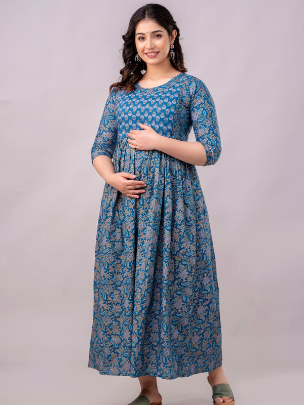 Women's Cotton Sodalite Blue Floral Maternity Feeding Dress with Zipper