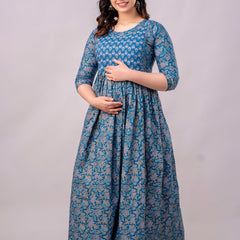 Women's Cotton Sodalite Blue Floral Maternity Feeding Dress with Zipper