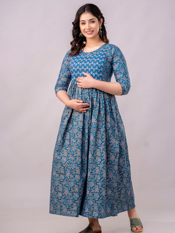 Women's Cotton Sodalite Blue Floral Maternity Feeding Dress with Zipper