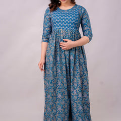 Women's Cotton Sodalite Blue Floral Maternity Feeding Dress with Zipper