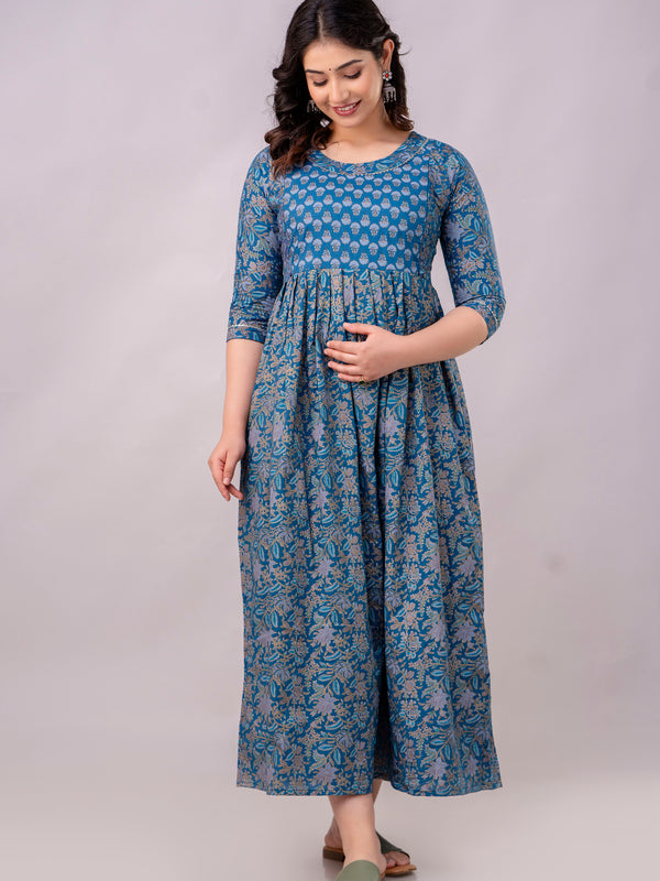 Women's Cotton Sodalite Blue Floral Maternity Feeding Dress with Zipper