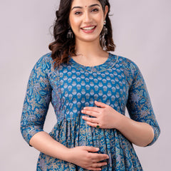 Women's Cotton Sodalite Blue Floral Maternity Feeding Dress with Zipper
