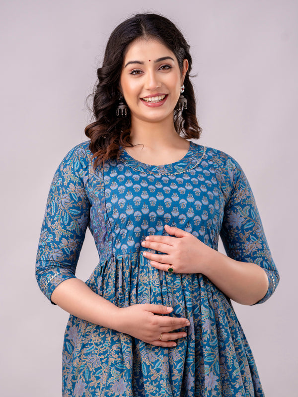 Women's Cotton Sodalite Blue Floral Maternity Feeding Dress with Zipper