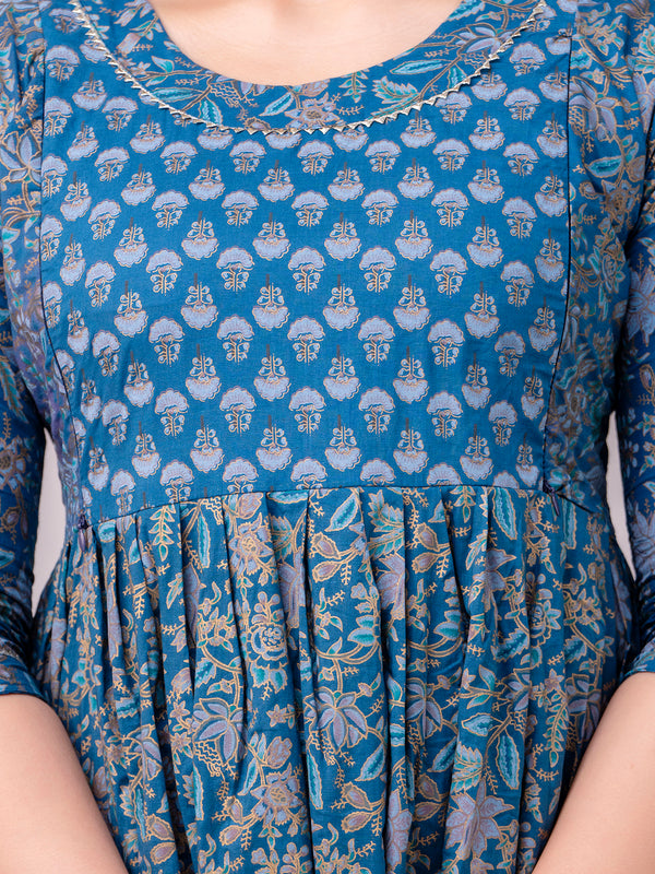 Women's Cotton Sodalite Blue Floral Maternity Feeding Dress with Zipper