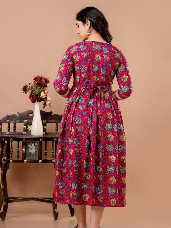 Women's Cotton Fuchsia Floral Maternity Feeding Dress with Zipper