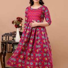 Women's Cotton Fuchsia Floral Maternity Feeding Dress with Zipper