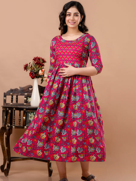 Women's Cotton Fuchsia Floral Maternity Feeding Dress with Zipper