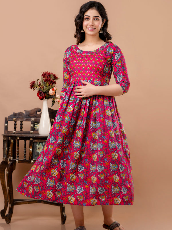 Women's Cotton Fuchsia Floral Maternity Feeding Dress with Zipper