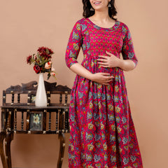 Women's Cotton Fuchsia Floral Maternity Feeding Dress with Zipper